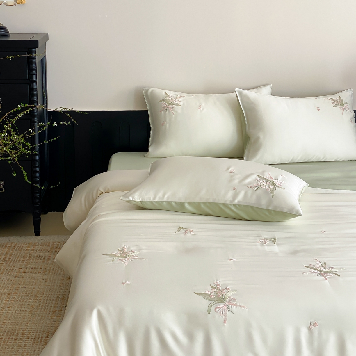 91家纺网 家纺一手货源 找家纺 云栖家居 2026款60支兰精天丝四件套-小香玲 小香铃-绿