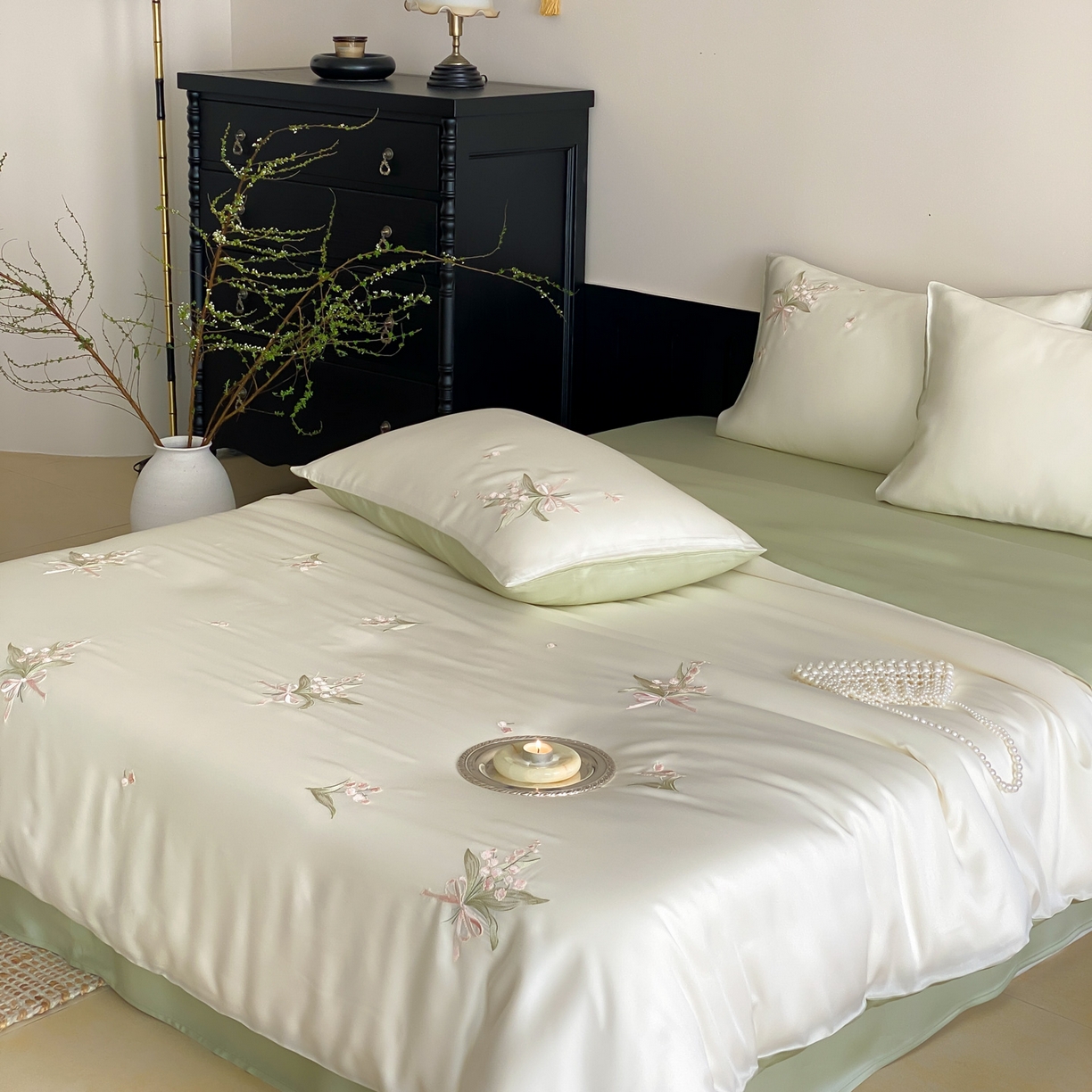 91家纺网 家纺一手货源 找家纺 云栖家居 2026款60支兰精天丝四件套-小香玲 小香铃-绿