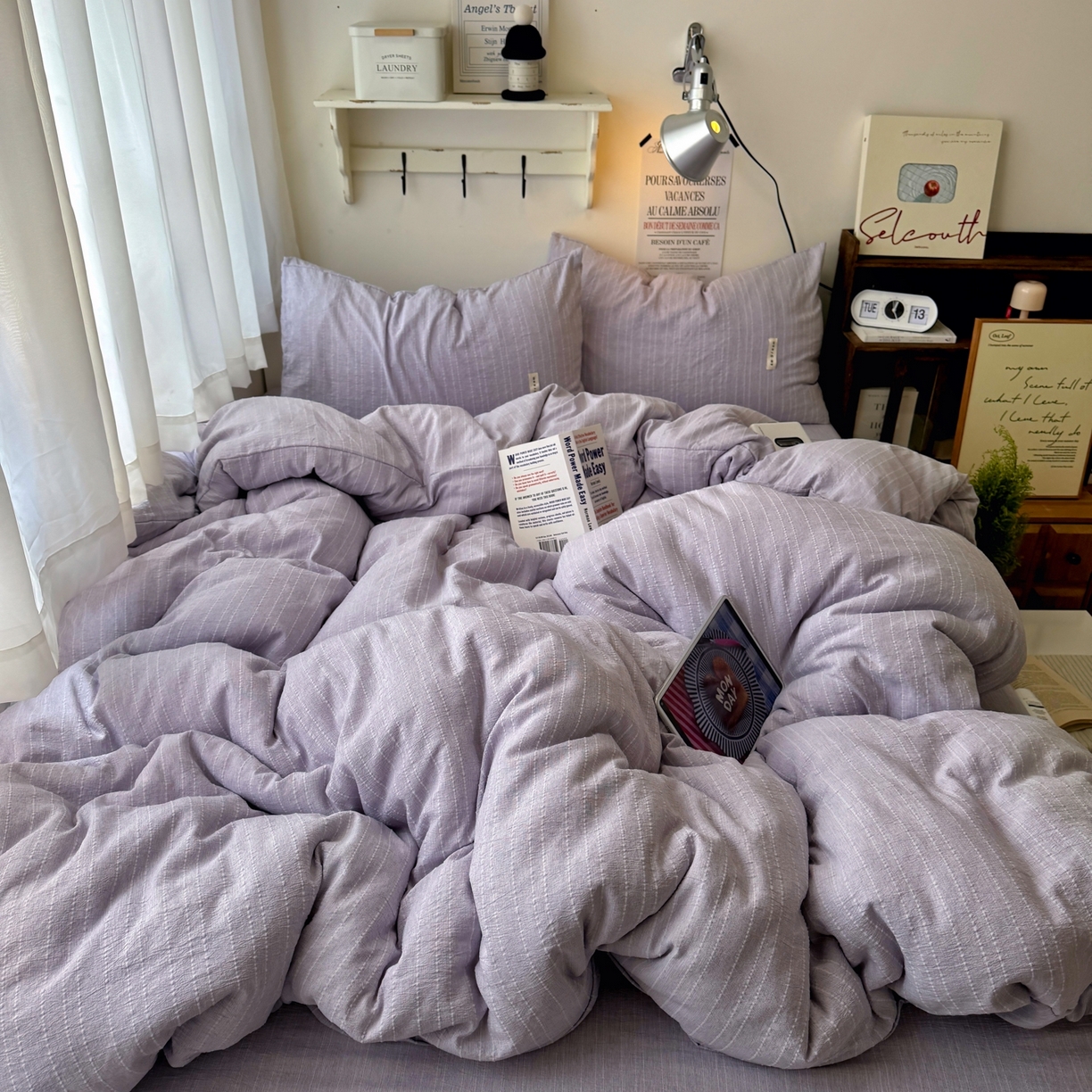 91家纺网 家纺一手货源 找家纺 阿曼达 2026新款简约素色亚麻风纯色无印四件套素然-场景二 素然-浅紫