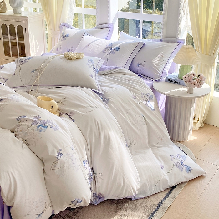 星期三家纺 2026春夏新款铂金全棉纯棉13372印花四件套 花盈-紫