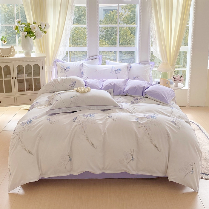 91家纺网 家纺一手货源 找家纺 星期三家纺 2026春夏新款铂金全棉纯棉13372印花四件套 花盈-紫