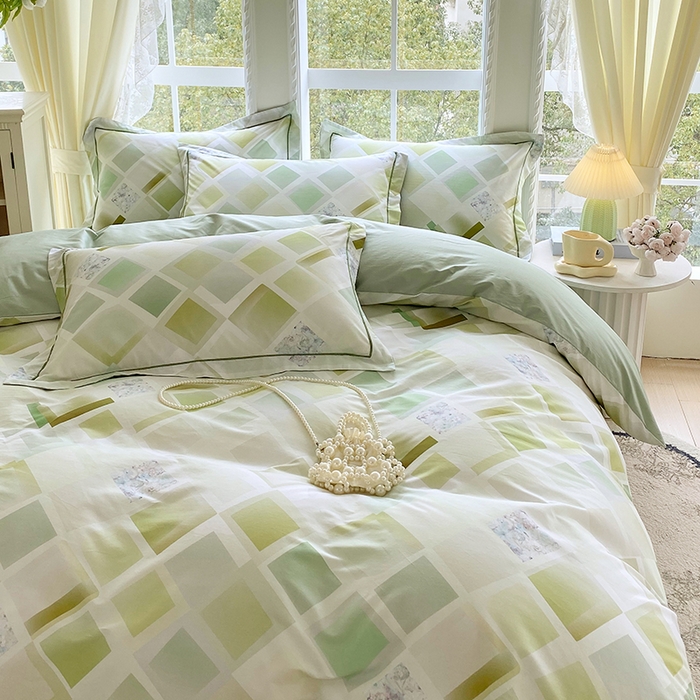 91家纺网 家纺一手货源 找家纺 星期三家纺 2026春夏新款铂金全棉纯棉13372印花四件套 布鲁斯绿