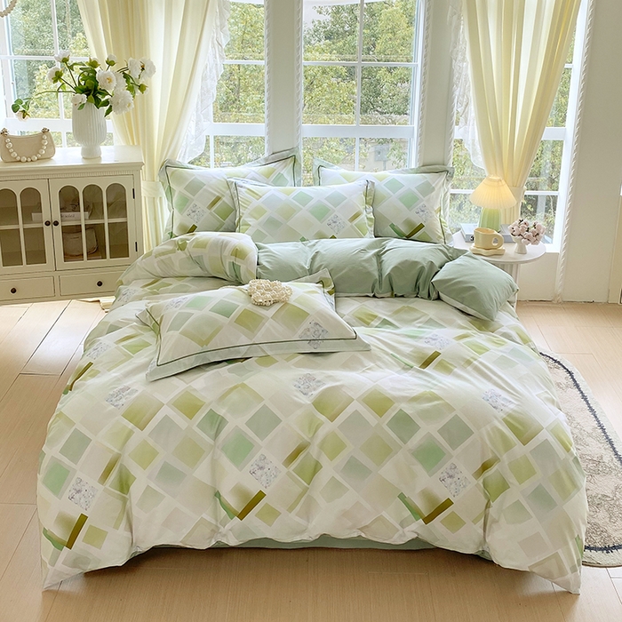 91家纺网 家纺一手货源 找家纺 星期三家纺 2026春夏新款铂金全棉纯棉13372印花四件套 布鲁斯绿