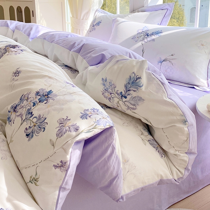 91家纺网 家纺一手货源 找家纺 星期三家纺 2026春夏新款铂金全棉纯棉13372印花四件套 花盈-紫