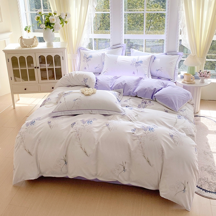 91家纺网 家纺一手货源 找家纺 星期三家纺 2026春夏新款铂金全棉纯棉13372印花四件套 花盈-紫