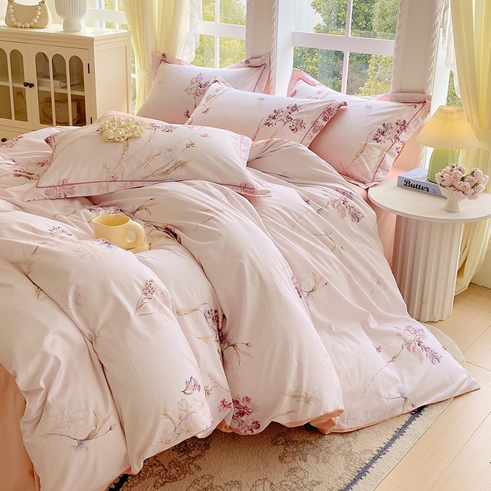 星期三家纺 2026春夏新款铂金全棉纯棉13372印花四件套 花盈-粉