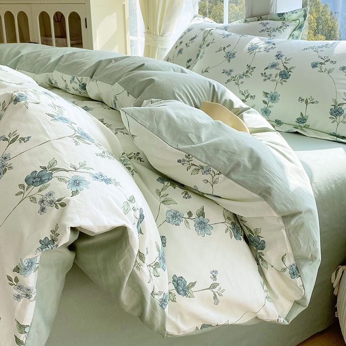 91家纺网 家纺一手货源 找家纺 星期三家纺 2026春夏新款铂金全棉纯棉13372印花四件套 月影-绿