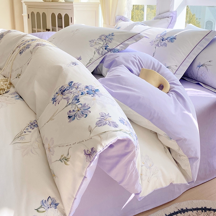 91家纺网 家纺一手货源 找家纺 星期三家纺 2026春夏新款铂金全棉纯棉13372印花四件套 花盈-紫