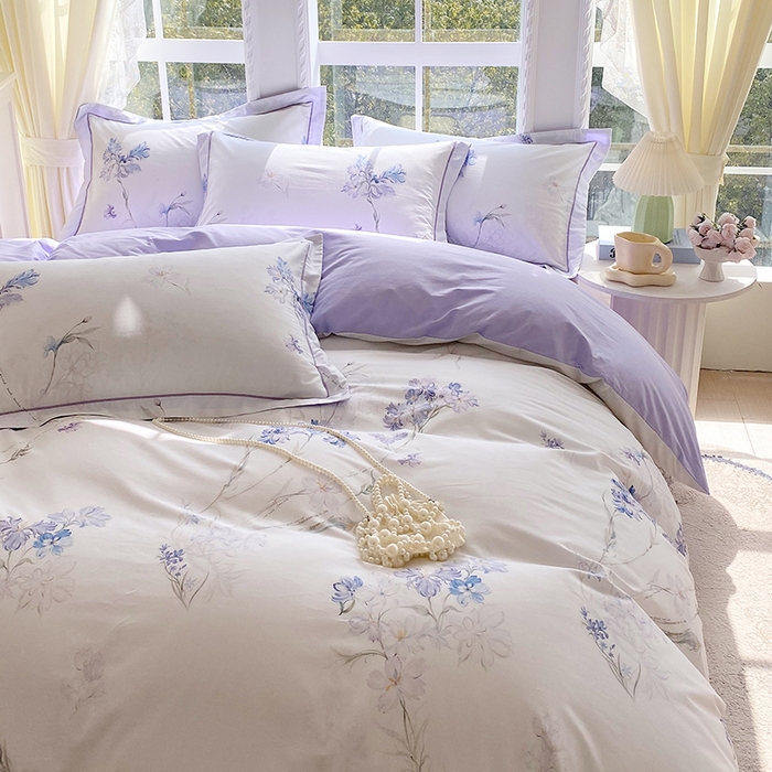 91家纺网 家纺一手货源 找家纺 星期三家纺 2026春夏新款铂金全棉纯棉13372印花四件套 花盈-紫