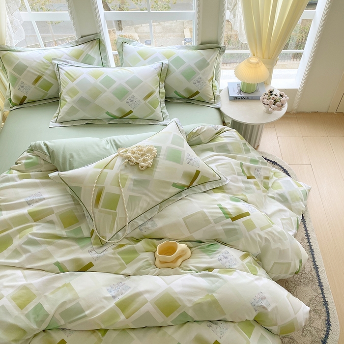 91家纺网 家纺一手货源 找家纺 星期三家纺 2026春夏新款铂金全棉纯棉13372印花四件套 布鲁斯绿