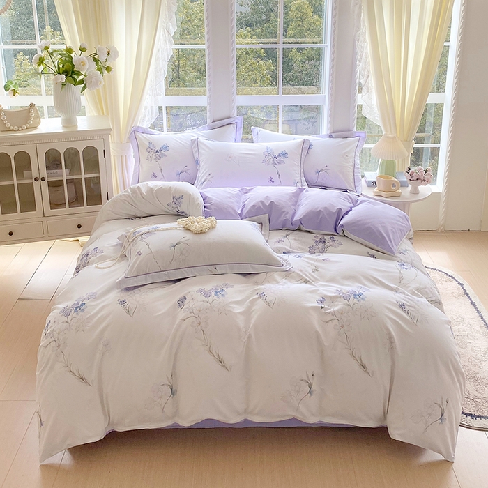 91家纺网 家纺一手货源 找家纺 星期三家纺 2026春夏新款铂金全棉纯棉13372印花四件套 花盈-紫