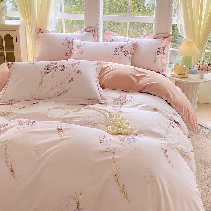 91家纺网 家纺一手货源 找家纺 星期三家纺 2026春夏新款铂金全棉纯棉13372印花四件套 花盈-粉