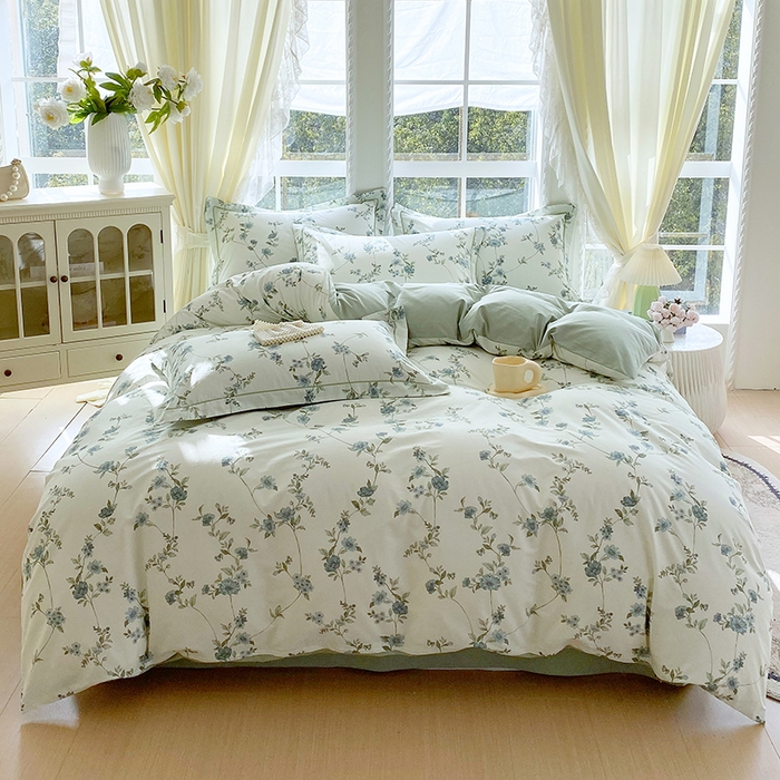 91家纺网 家纺一手货源 找家纺 星期三家纺 2026春夏新款铂金全棉纯棉13372印花四件套 月影-绿