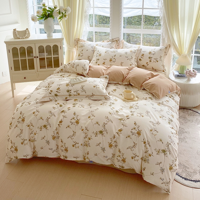 91家纺网 家纺一手货源 找家纺 星期三家纺 2026春夏新款铂金全棉纯棉13372印花四件套 月影-黄