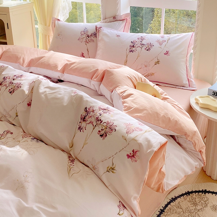 91家纺网 家纺一手货源 找家纺 星期三家纺 2026春夏新款铂金全棉纯棉13372印花四件套 花盈-粉