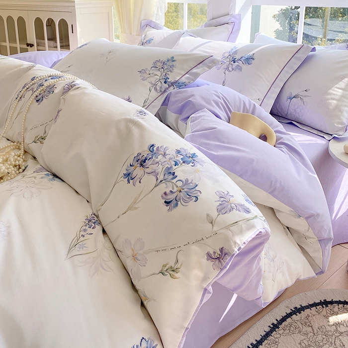 91家纺网 家纺一手货源 找家纺 星期三家纺 2026春夏新款铂金全棉纯棉13372印花四件套 花盈-紫