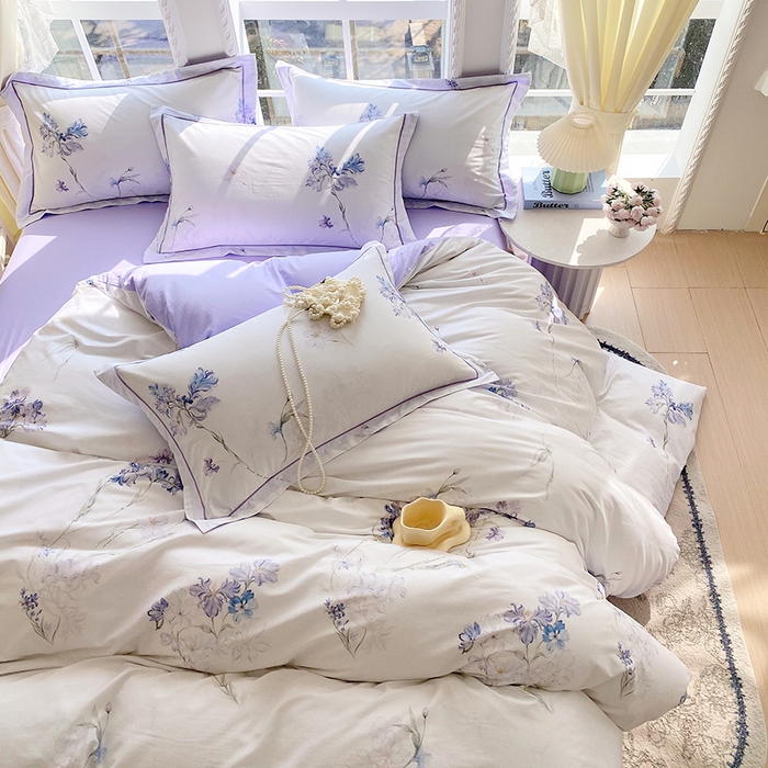 91家纺网 家纺一手货源 找家纺 星期三家纺 2026春夏新款铂金全棉纯棉13372印花四件套 花盈-紫