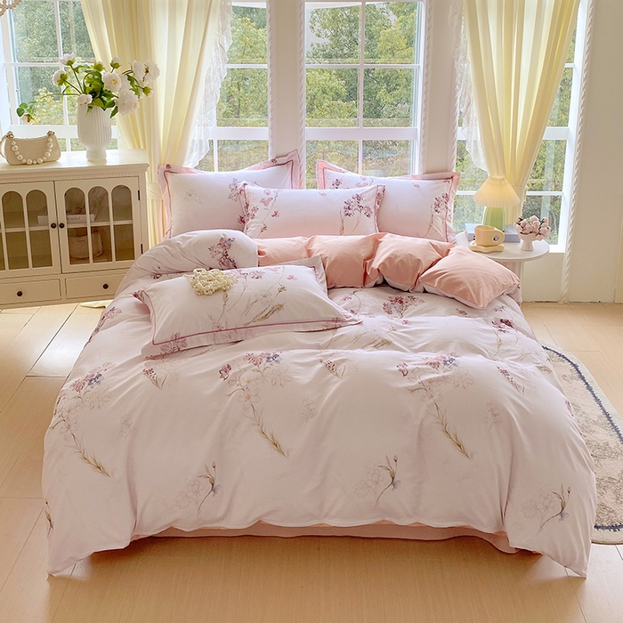 91家纺网 家纺一手货源 找家纺 星期三家纺 2026春夏新款铂金全棉纯棉13372印花四件套 花盈-粉