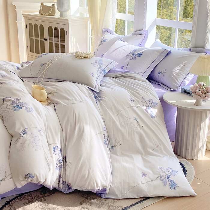 91家纺网 家纺一手货源 找家纺 星期三家纺 2026春夏新款铂金全棉纯棉13372印花四件套 花盈-紫