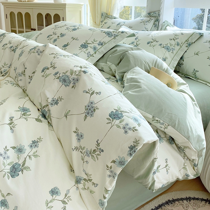 91家纺网 家纺一手货源 找家纺 星期三家纺 2026春夏新款铂金全棉纯棉13372印花四件套 月影-绿