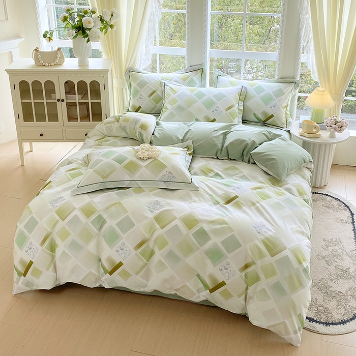 91家纺网 家纺一手货源 找家纺 星期三家纺 2026春夏新款铂金全棉纯棉13372印花四件套 布鲁斯绿