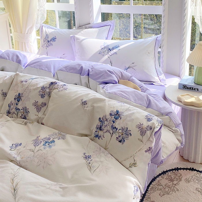 91家纺网 家纺一手货源 找家纺 星期三家纺 2026春夏新款铂金全棉纯棉13372印花四件套 花盈-紫