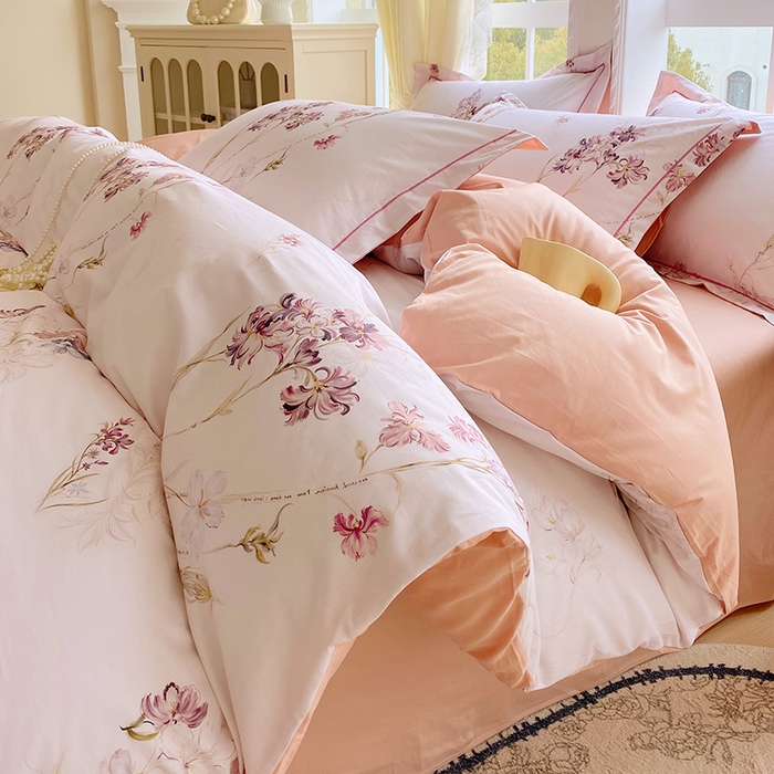 91家纺网 家纺一手货源 找家纺 星期三家纺 2026春夏新款铂金全棉纯棉13372印花四件套 花盈-粉