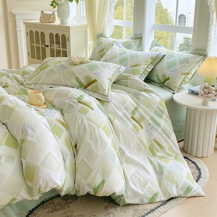 91家纺网 家纺一手货源 找家纺 星期三家纺 2026春夏新款铂金全棉纯棉13372印花四件套 布鲁斯绿