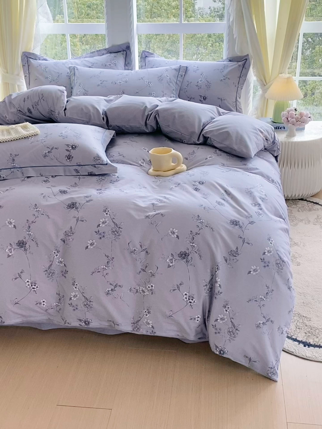 91家纺网 家纺一手货源 找家纺 星期三家纺 2026春夏新款铂金全棉纯棉13372印花四件套 月影-灰