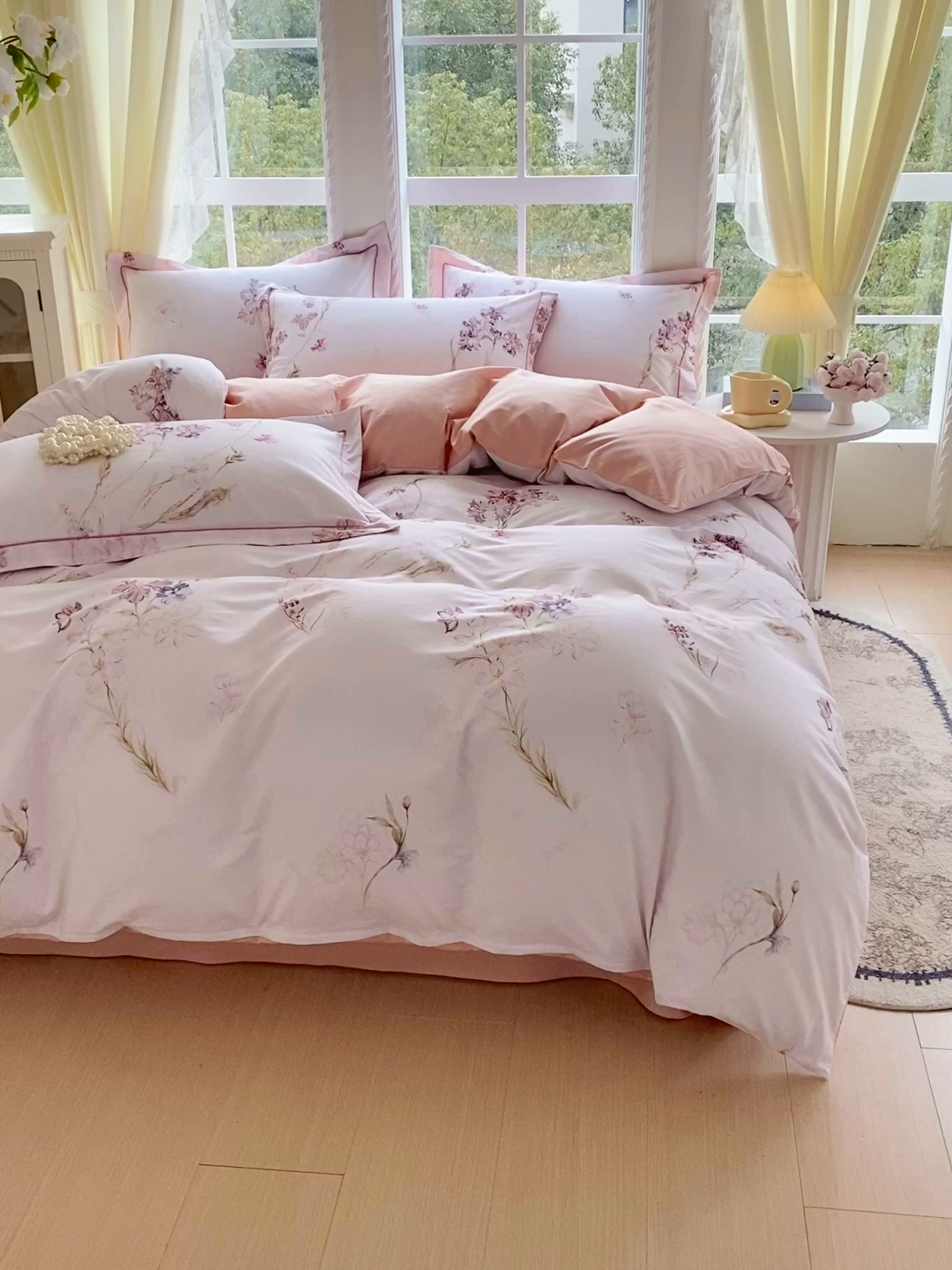 91家纺网 家纺一手货源 找家纺 星期三家纺 2026春夏新款铂金全棉纯棉13372印花四件套 花盈-粉