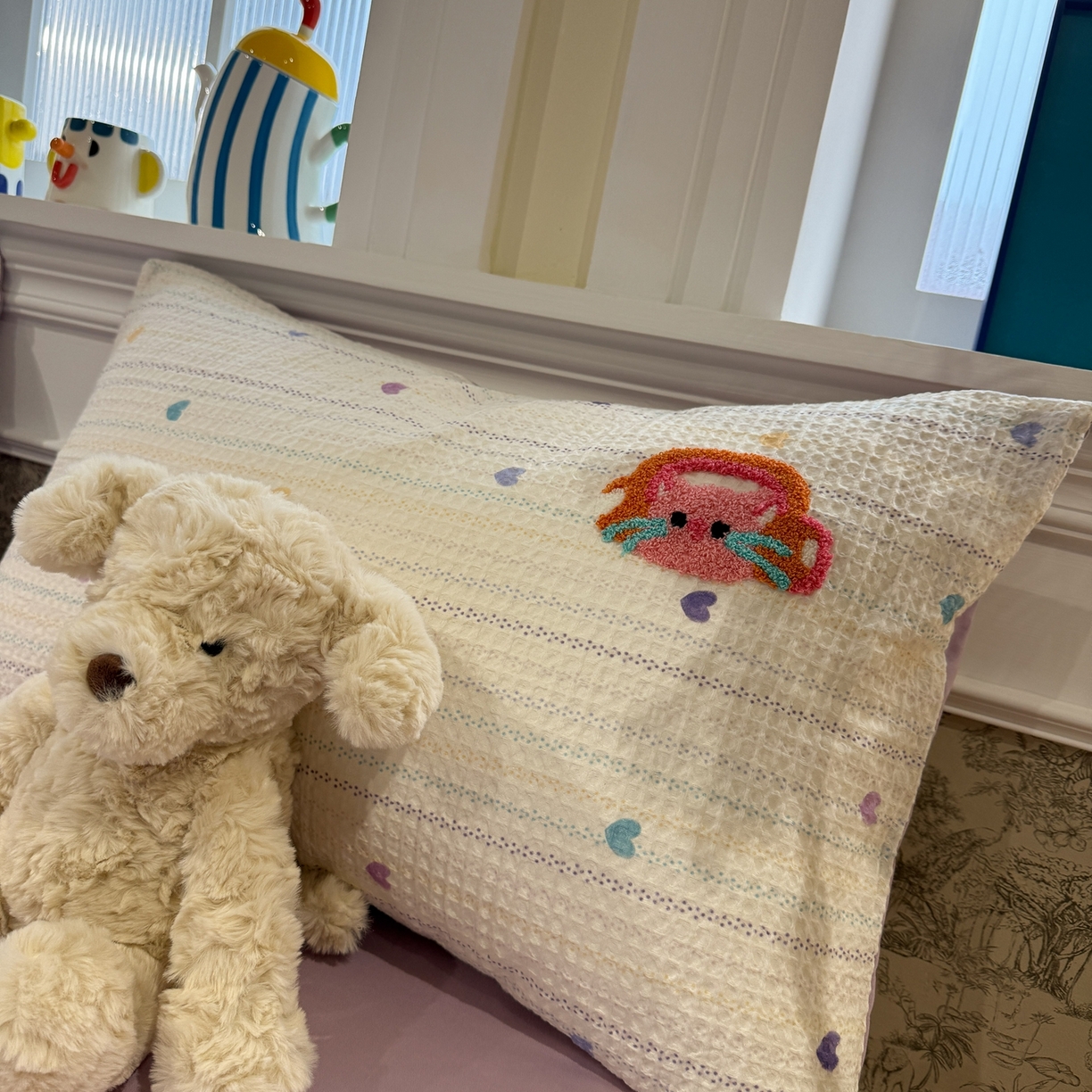 91家纺网 家纺一手货源 找家纺 珺柔家纺 2026新款卡通华夫格毛巾绣四件套 音乐小猫