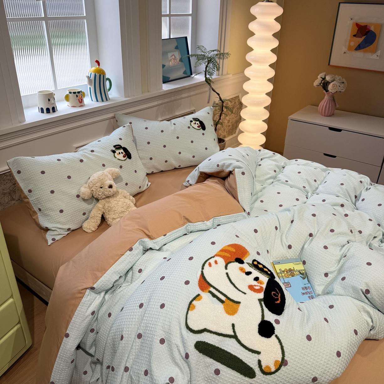 91家纺网 家纺一手货源 找家纺 珺柔家纺 2026新款卡通华夫格毛巾绣四件套 下午茶小狗