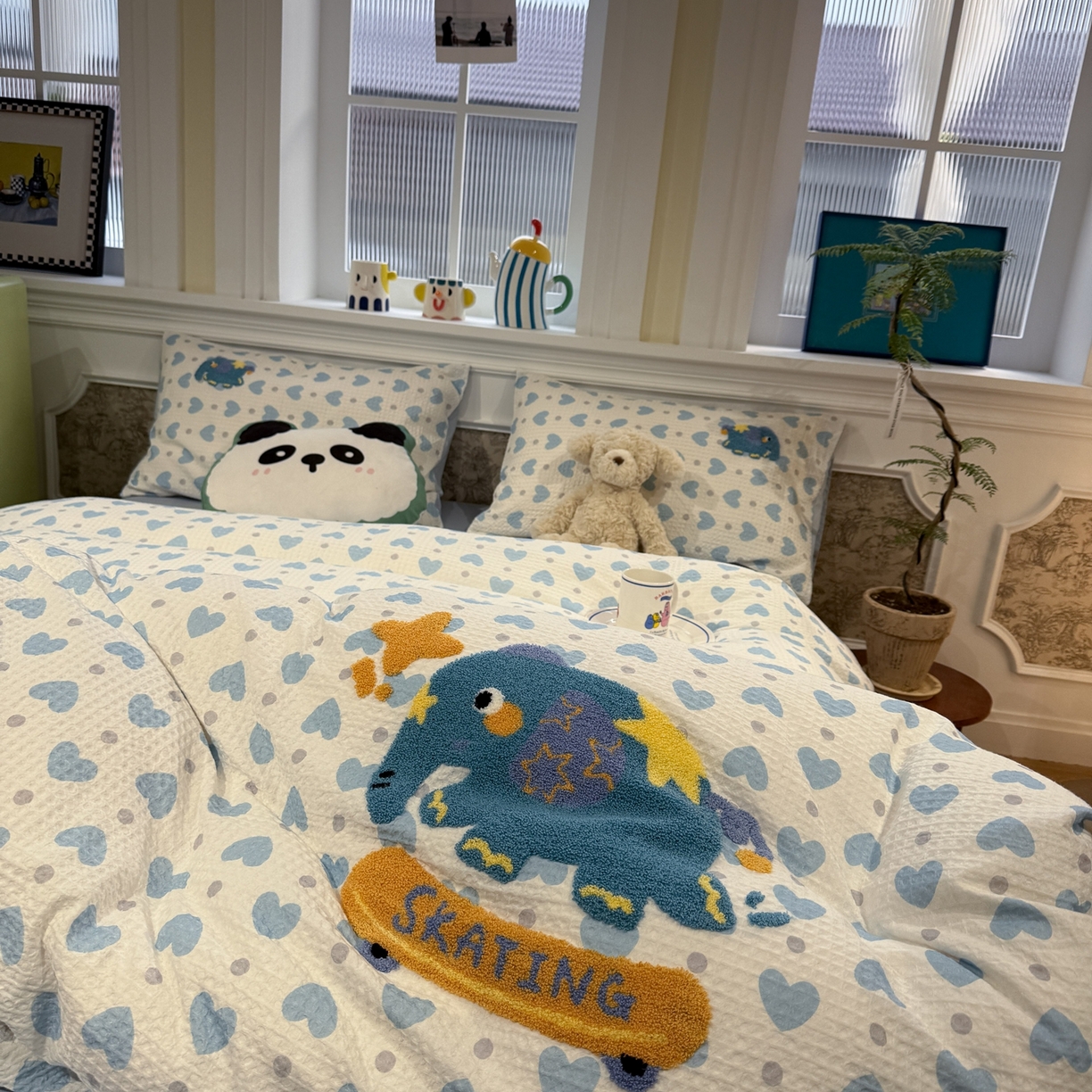 91家纺网 家纺一手货源 找家纺 珺柔家纺 2026新款卡通华夫格毛巾绣四件套 滑板小象