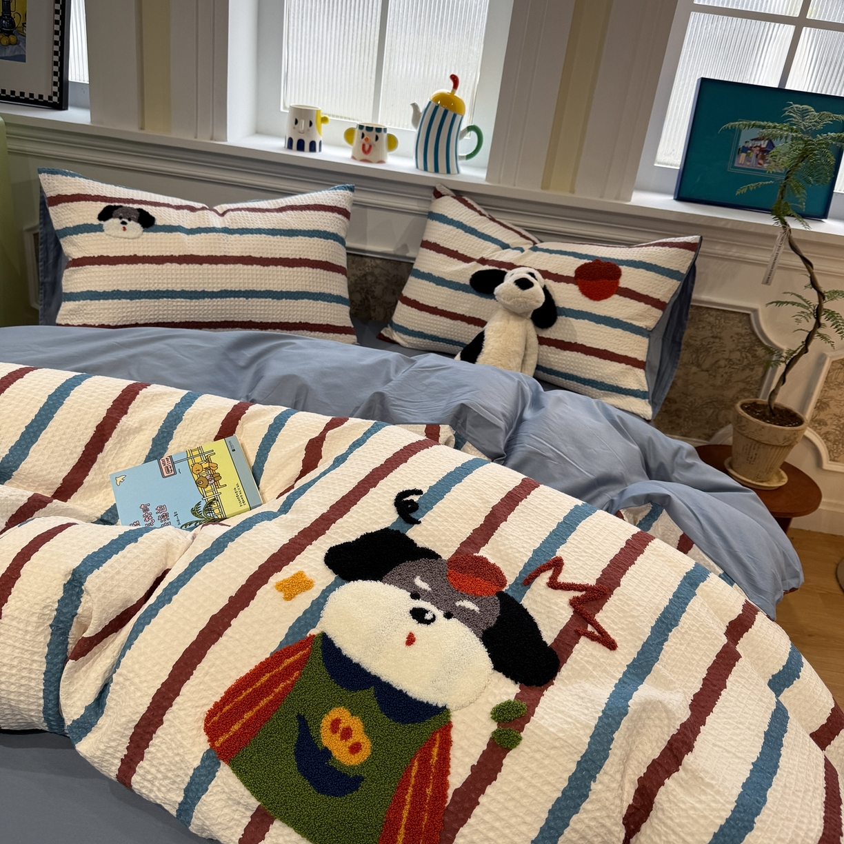 珺柔家纺 2026新款卡通华夫格毛巾绣四件套 园丁小狗