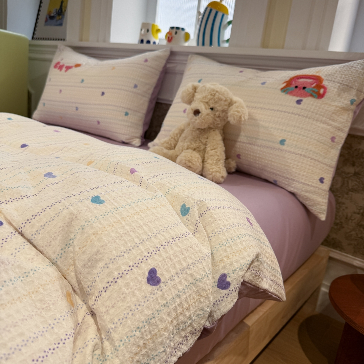 91家纺网 家纺一手货源 找家纺 珺柔家纺 2026新款卡通华夫格毛巾绣四件套 音乐小猫