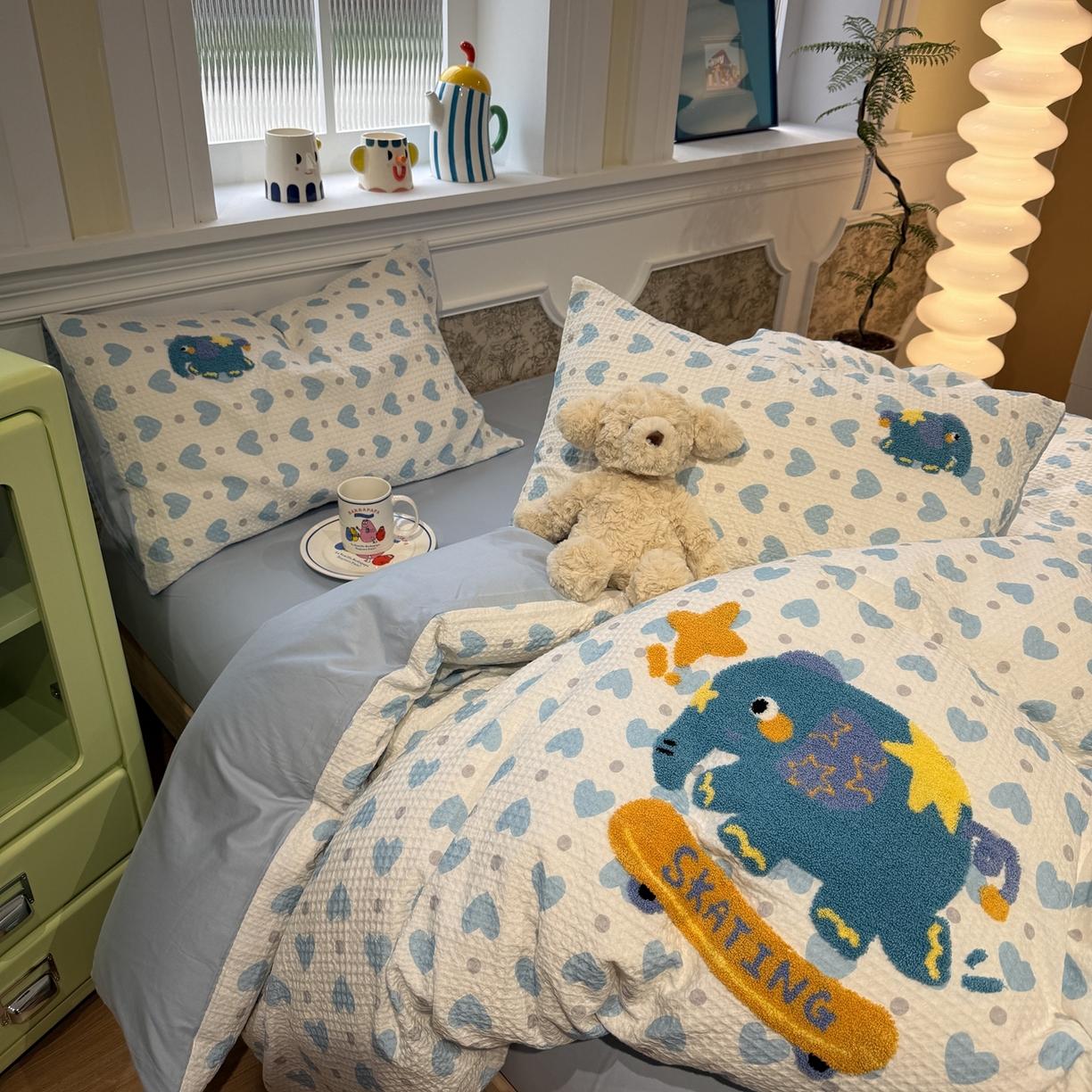 91家纺网 家纺一手货源 找家纺 珺柔家纺 2026新款卡通华夫格毛巾绣四件套 滑板小象