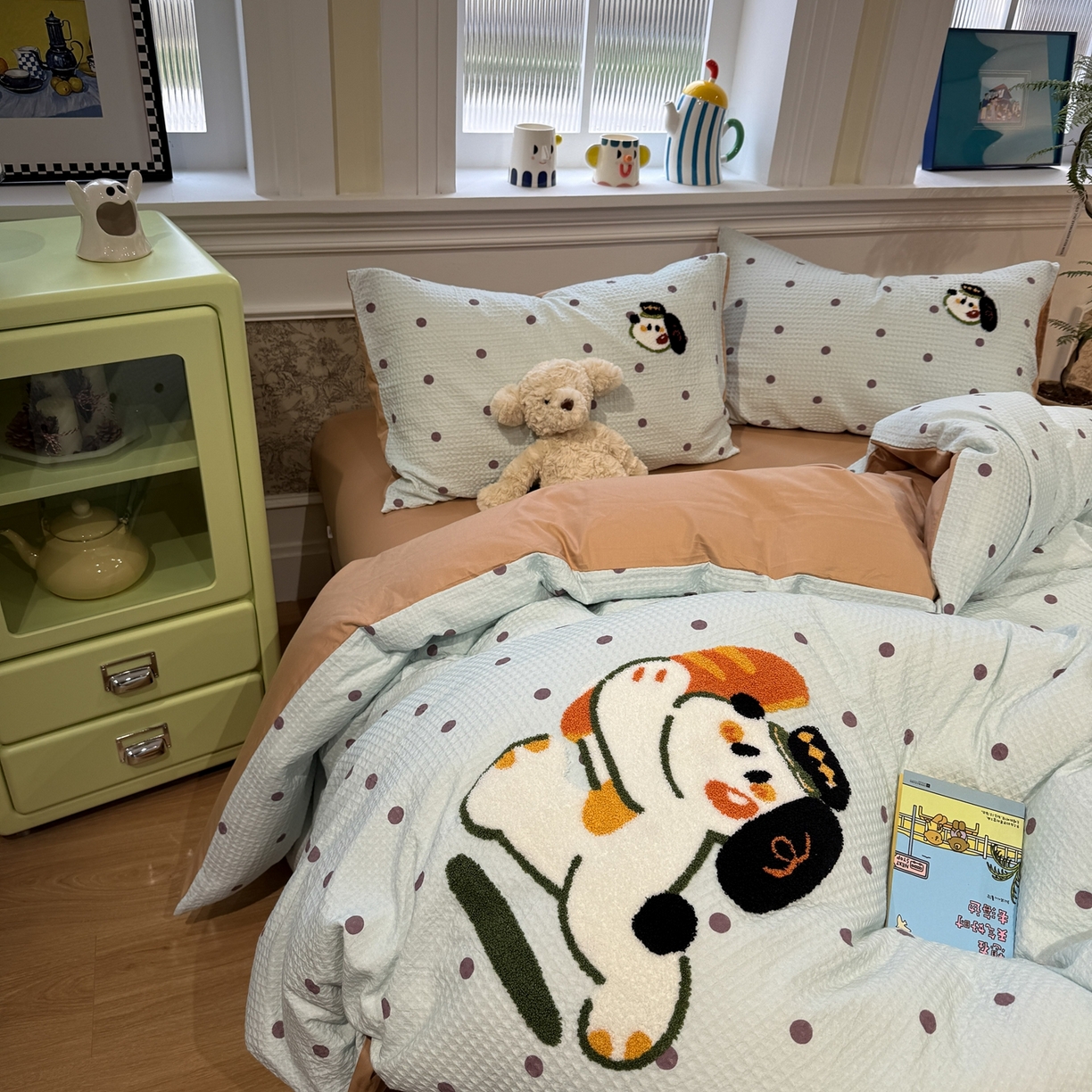 91家纺网 家纺一手货源 找家纺 珺柔家纺 2026新款卡通华夫格毛巾绣四件套 下午茶小狗