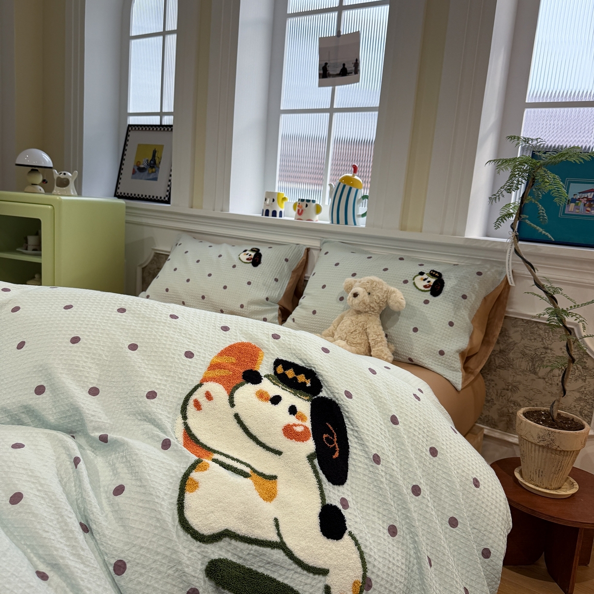 91家纺网 家纺一手货源 找家纺 珺柔家纺 2026新款卡通华夫格毛巾绣四件套 下午茶小狗