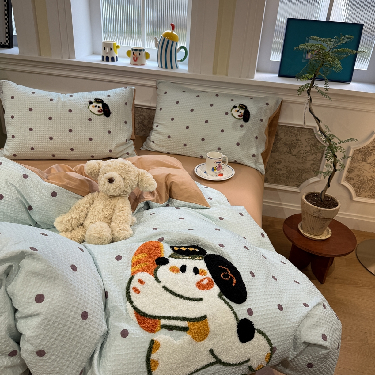 91家纺网 家纺一手货源 找家纺 珺柔家纺 2026新款卡通华夫格毛巾绣四件套 下午茶小狗