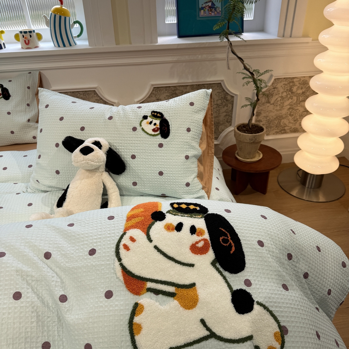 91家纺网 家纺一手货源 找家纺 珺柔家纺 2026新款卡通华夫格毛巾绣四件套 下午茶小狗