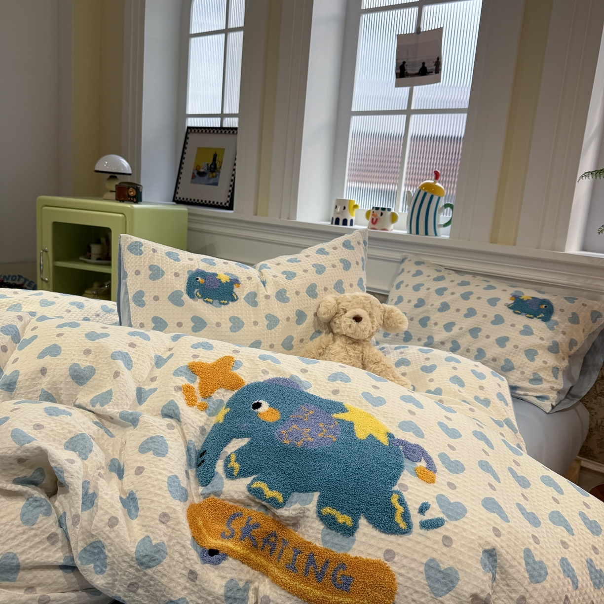 91家纺网 家纺一手货源 找家纺 珺柔家纺 2026新款卡通华夫格毛巾绣四件套 滑板小象