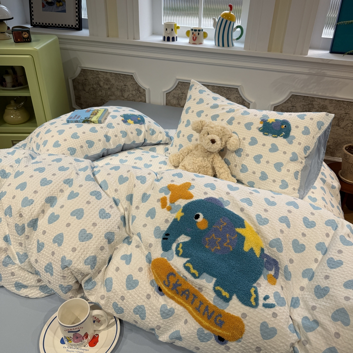 91家纺网 家纺一手货源 找家纺 珺柔家纺 2026新款卡通华夫格毛巾绣四件套 滑板小象