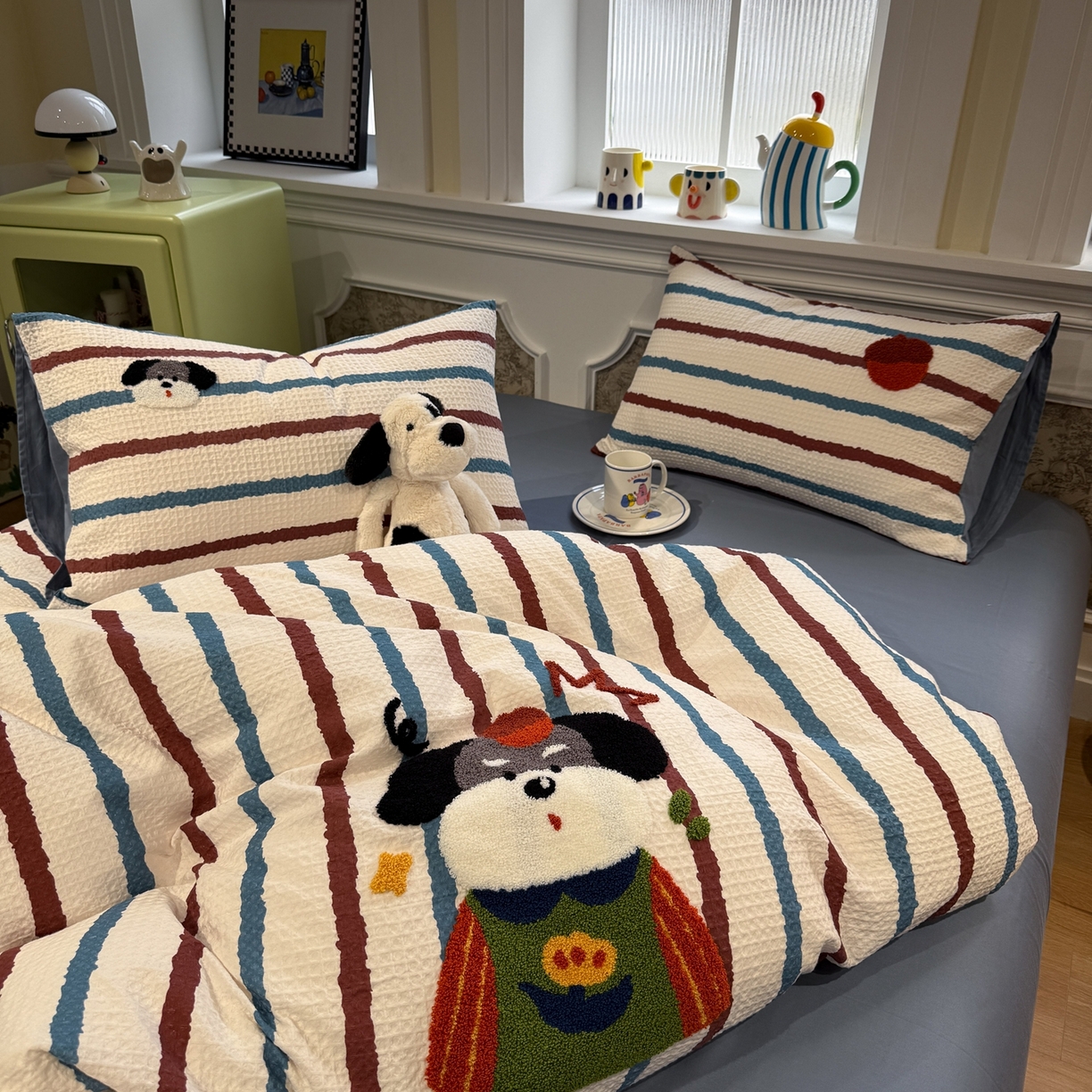 91家纺网 家纺一手货源 找家纺 珺柔家纺 2026新款卡通华夫格毛巾绣四件套 园丁小狗