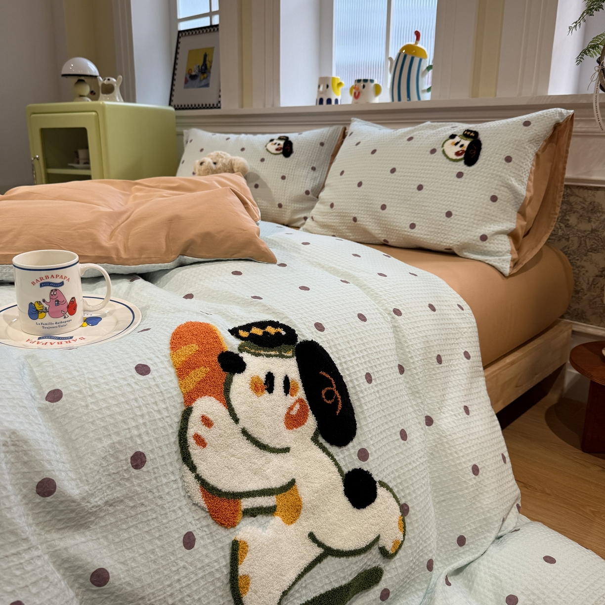 91家纺网 家纺一手货源 找家纺 珺柔家纺 2026新款卡通华夫格毛巾绣四件套 下午茶小狗