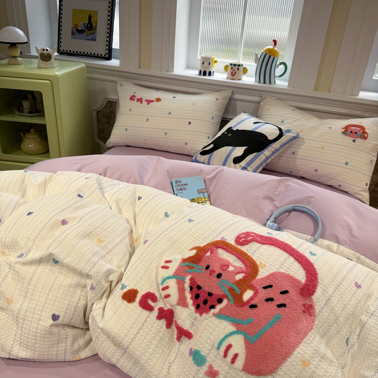 91家纺网 家纺一手货源 找家纺 珺柔家纺 2026新款卡通华夫格毛巾绣四件套 音乐小猫