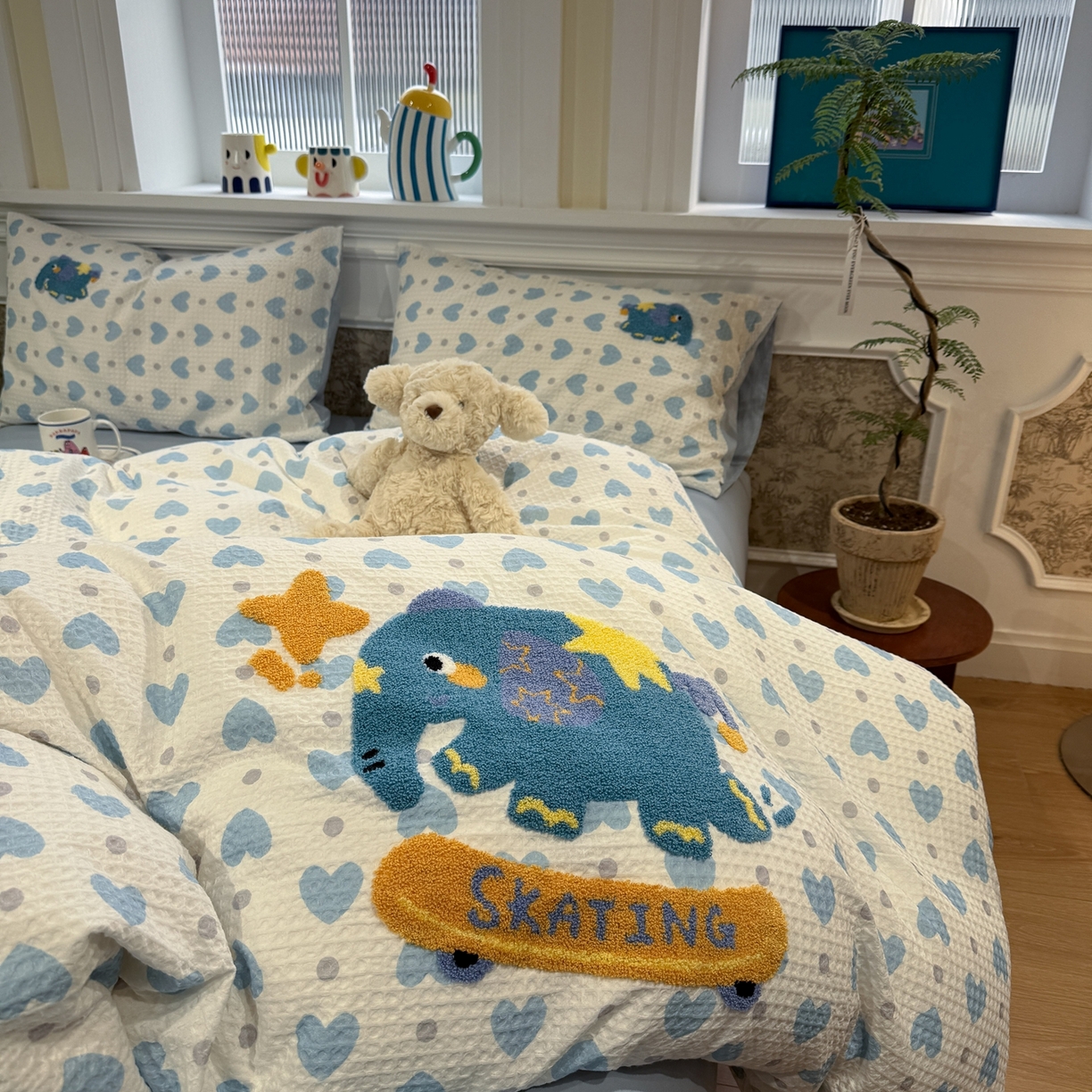 91家纺网 家纺一手货源 找家纺 珺柔家纺 2026新款卡通华夫格毛巾绣四件套 滑板小象