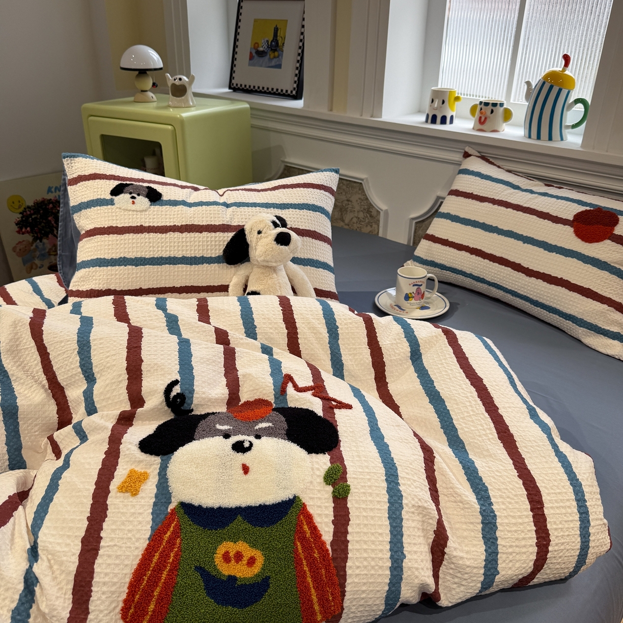 91家纺网 家纺一手货源 找家纺 珺柔家纺 2026新款卡通华夫格毛巾绣四件套 园丁小狗