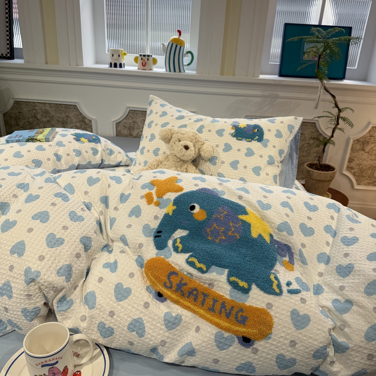 91家纺网 家纺一手货源 找家纺 珺柔家纺 2026新款卡通华夫格毛巾绣四件套 滑板小象