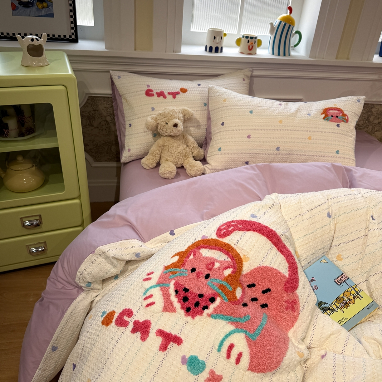 91家纺网 家纺一手货源 找家纺 珺柔家纺 2026新款卡通华夫格毛巾绣四件套 音乐小猫