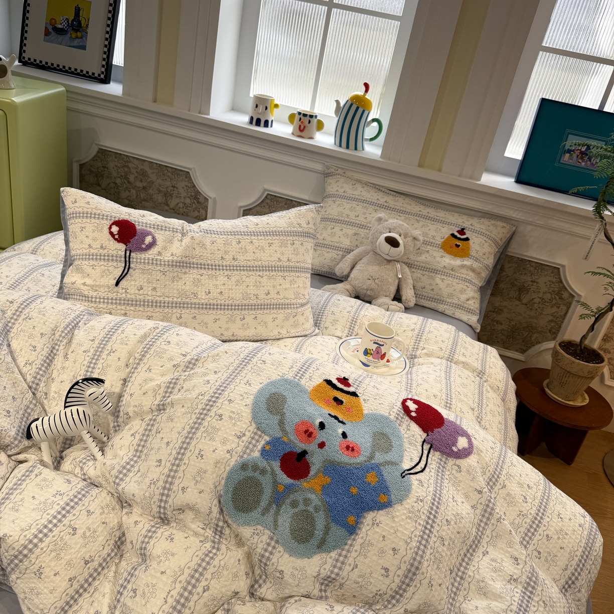 珺柔家纺 2026新款卡通华夫格毛巾绣四件套 布丁象